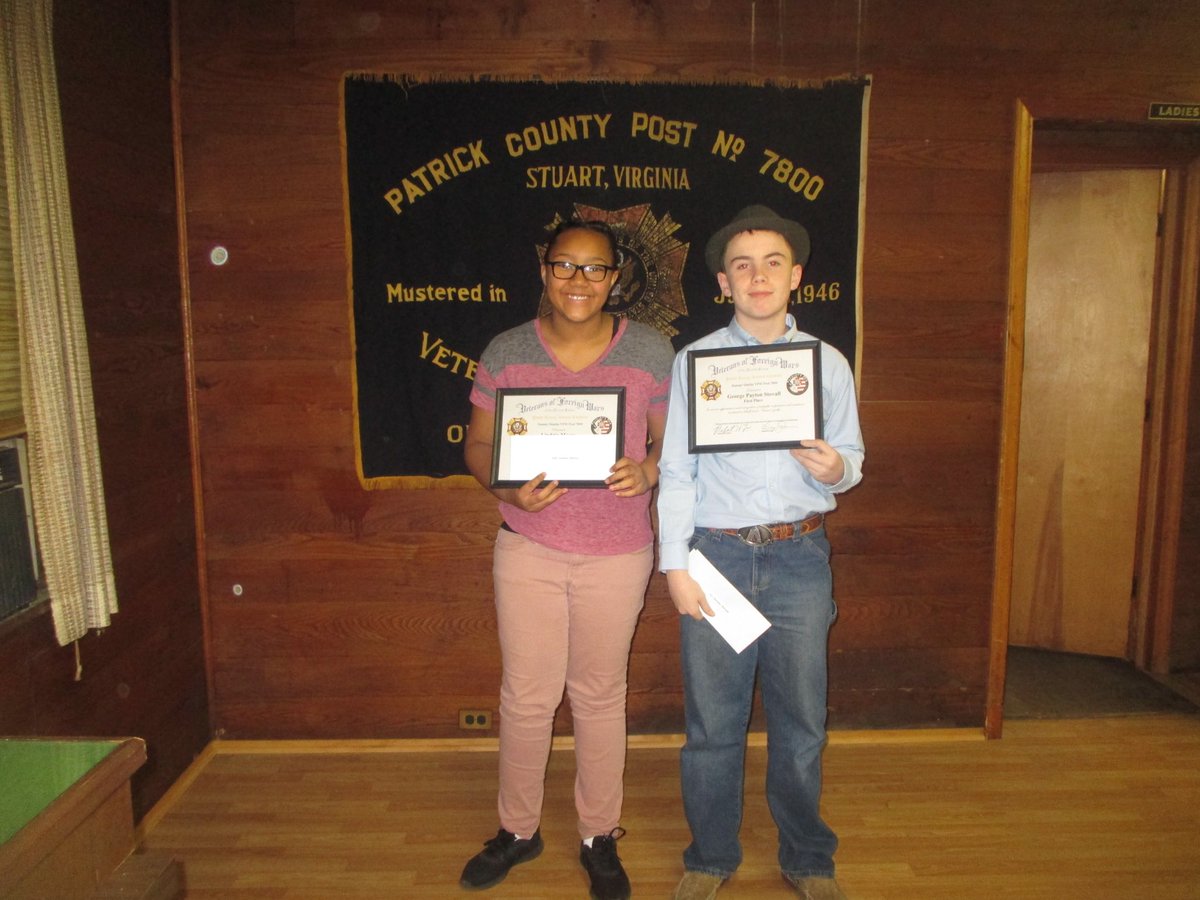 HRMS_Teach's tweet photo. Congratulations to Payton Stovall for winning the VFW Patriots Pen contest and Lindgia Moore for placing second! Way to go Rebels! @WSroufe @CyndiWms5 @PCPS_Teach https://t.co/7TVBMsjPqj