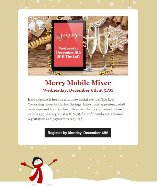 HarborActive's tweet photo. Join #HarborActive for Merry Mobile Mixer on 12/6 at 5 PM!  #HarborSprings #Michigan #holiday 

https://t.co/wBkE11mYvM https://t.co/DwAj9KrEaw