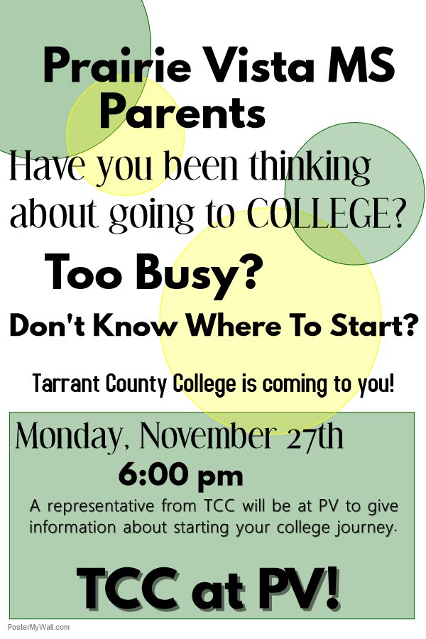 Thanks to the TCC representative and our <a href="/prairievistams/">prairievistams</a> parents who came out to get information about going to college. One of many future opportunities to promote life-long learning in our community. #GenTXMonth