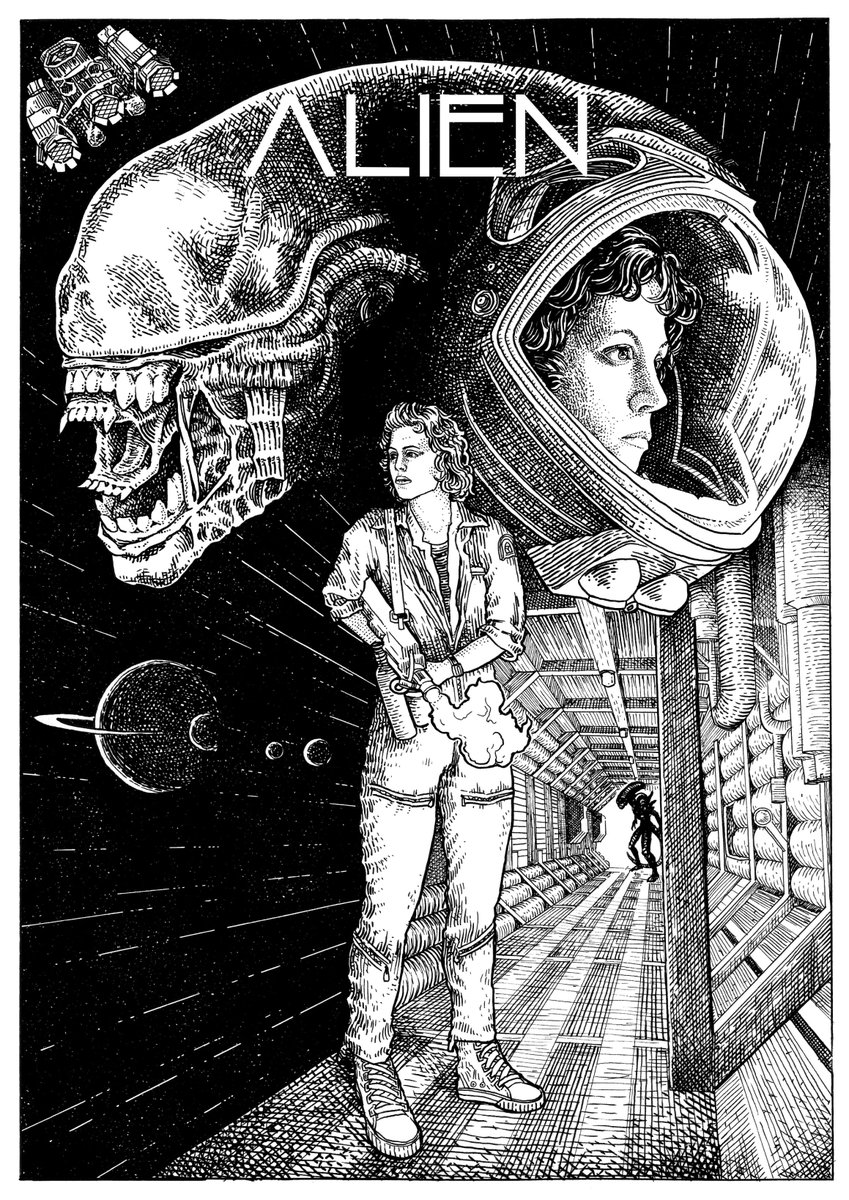 SandraBisianiM's tweet photo. Alien, Ridley Scott, 1979. 
Inkpen and digital retouching. 
Alternative Movie Poster 
#RidleyScott #Alien #SigourneyWeaver #Ripley #AlternativeMoviePoster https://t.co/ZBZi6xwHtb