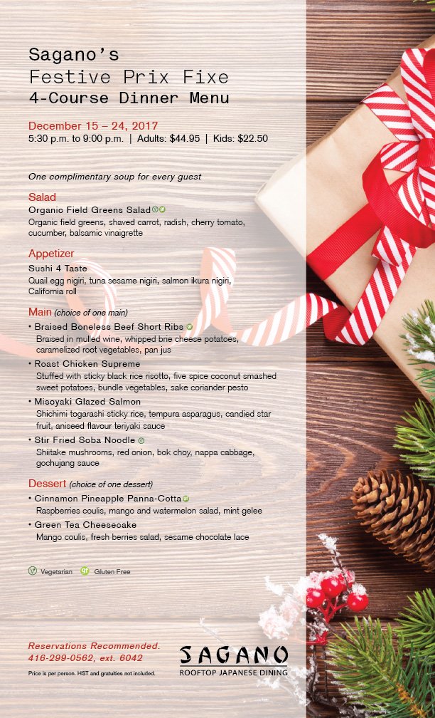 DeltaTO_East's tweet photo. Sagano's Festive Prix Fixe: 4 Course Dinner starting from Dec 15 - 24, 2017 at 5:30p.m - 9p.m.  Reservations Recommended!! https://t.co/bq3aINho5c
