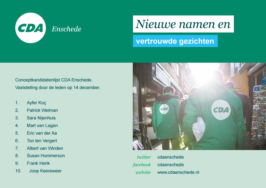 cdaenschede's tweet photo. Nieuwe namen en vertrouwde gezichten op de conceptkandidatenlijst van het CDA #Enschede. De hele conceptlijst is te lezen op: https://t.co/Z884wteiPe https://t.co/dBA54Onhut