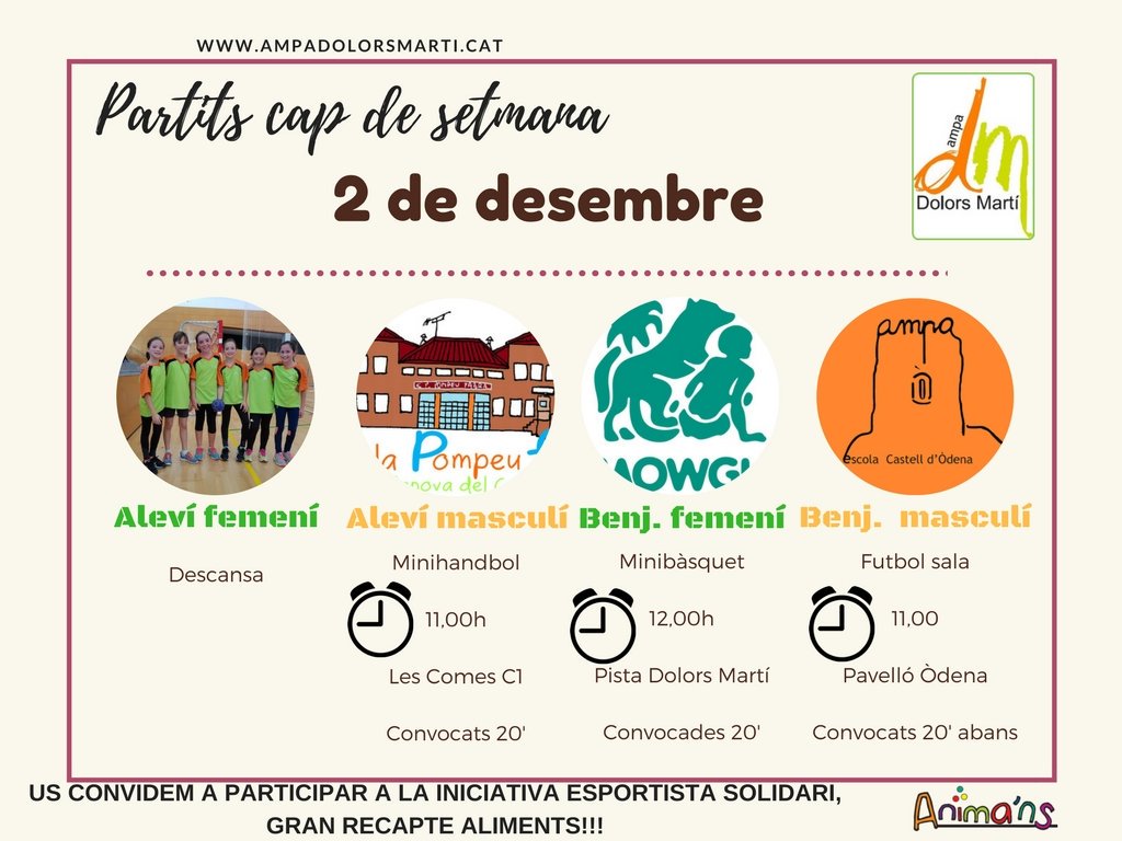 ladolorsmarti's tweet photo. Partits cap de setmana 2/12/17 #ampadolorsmarti #totssomamppa #sumemiseguim #jocsescolars https://t.co/NqngCaszzO