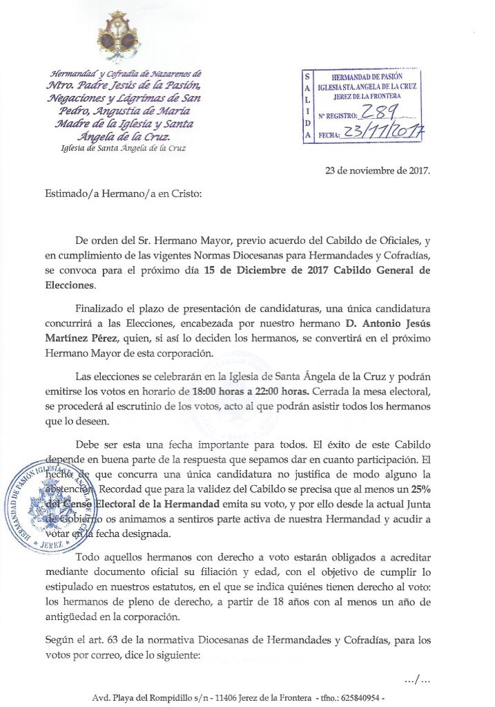HdadPasionJerez's tweet photo. El próximo 15 de diciembre se celebrará el Cabildo General de Elecciones en nuestro Centro Pastoral Santa Ángela De la Cruz. https://t.co/IrHtxLRId5