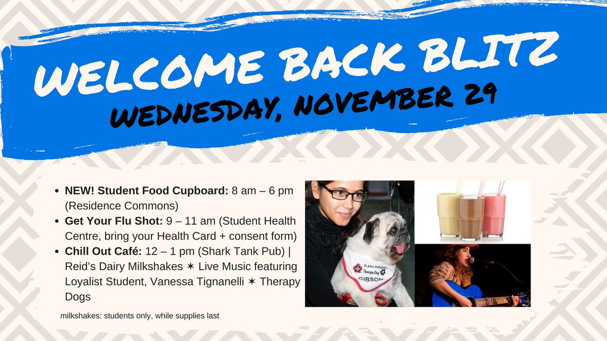 LoyalistCollege's tweet photo. Our #WelcomeBackBlitz continues with Therapy Dogs, cookie decorating and live music in the Shark Tank from 12 – 1 pm. For all of today’s activities, please visit: https://t.co/XSqH9kzm7S https://t.co/xQ8uzziy5n