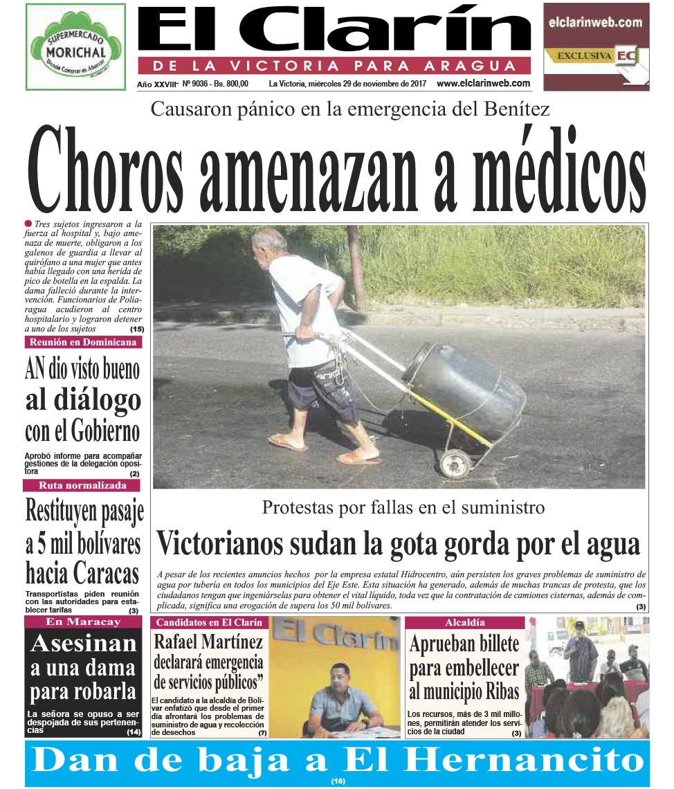 vieneimpreso's tweet photo. Portada de este miércoles #29N de El Clarín de La Victoria https://t.co/z8kKRiD4Oi