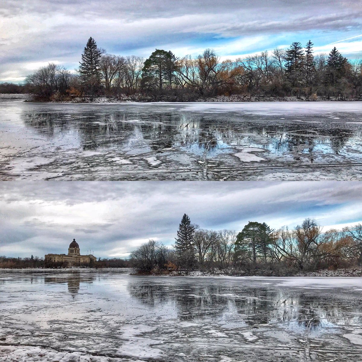 YXEWeather's tweet photo. #POTD RT: @WascanaCentre A perfection reflection on the melted ice and just a touch of colour peeking through on this dreary day. ❄️☀️ #wascanacentre #wca150 #exploresask #yqr https://t.co/nJMSIV78FB