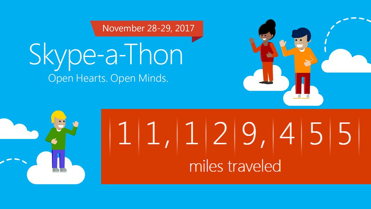 MicrosoftEDU's tweet photo. WOW! 11 million miles and counting. Thank you to everyone who is connecting globally during #skypeathon. Let's keep the momentum going! https://t.co/vOQbZOh1PW