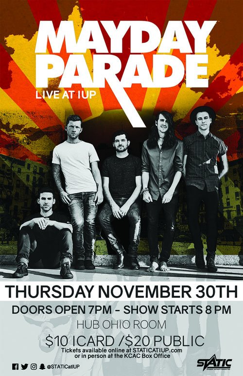 IUPStudentCoop's tweet photo. 🚨 GIVEAWAY🚨

RT to enter and win 2️⃣TICKETS  to see @maydayparade tomorrow in the HUB Ohio room. Doors open at 7pm and the show starts at 8pm. 
Winner will be announced at 4pm. #IUP https://t.co/0GlJ8JdM4D