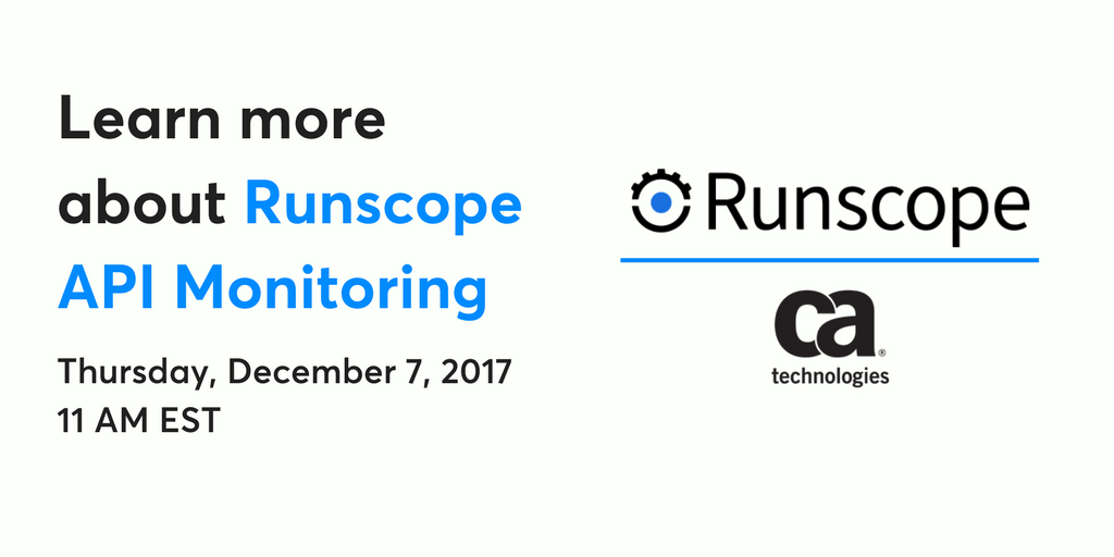 CA_Agile_Ops's tweet photo. Whether you’re a developer, architect or in IT operations @Runscope #APIMonitoring is the tool for you. Join 12/7 webcast to see just how easy it is to get started. Register here: https://t.co/IPbfTuyIM6 https://t.co/Os5ROVQ8f2