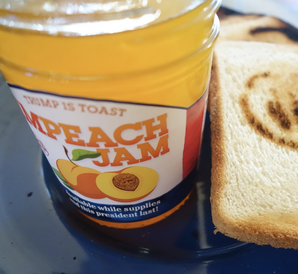 TrumpToaster's tweet photo. Stocking stuffer idea: IMPeach jam! Get 'em while supplies (and our President) last. #makebreadgreatagain #trumpistoast https://t.co/pcGukHQZ0n https://t.co/WbKxKP10Kl