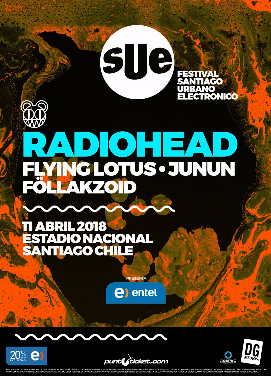 dgmedios's tweet photo. ¡VUELVE EL SUE! ¡Uno de los festivales más destacados de Chile, con el esperado regreso de @radiohead a Chile! 11 de Abril 2018, Estadio Nacional. Preventa @entel a partir del 4 de Diciembre a las 11.00 hrs. Para más info visita https://t.co/9RJbkl9T7c https://t.co/4CvKAsWzYN