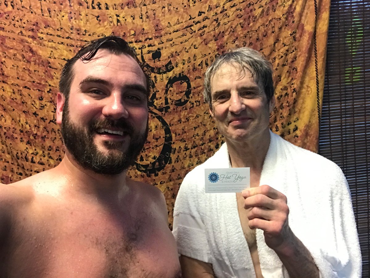 ThriveHotYoga's tweet photo. Commitment to a 30 Day Hot Yoga Challenge means practice even when traveling! Thank you Farmington Hills student Ben (left) for sending in this photo after taking class in Saint Paul Hot Yoga MN (teacher Henry on right). https://t.co/7HcklAOIj4