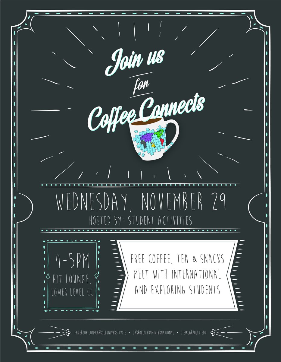 carrolluadvisor's tweet photo. Join Student Activities for Coffee Connects tonight for some fun and games! All are welcome! #CUEXPLORE @carrollu https://t.co/sKryU6jXn1