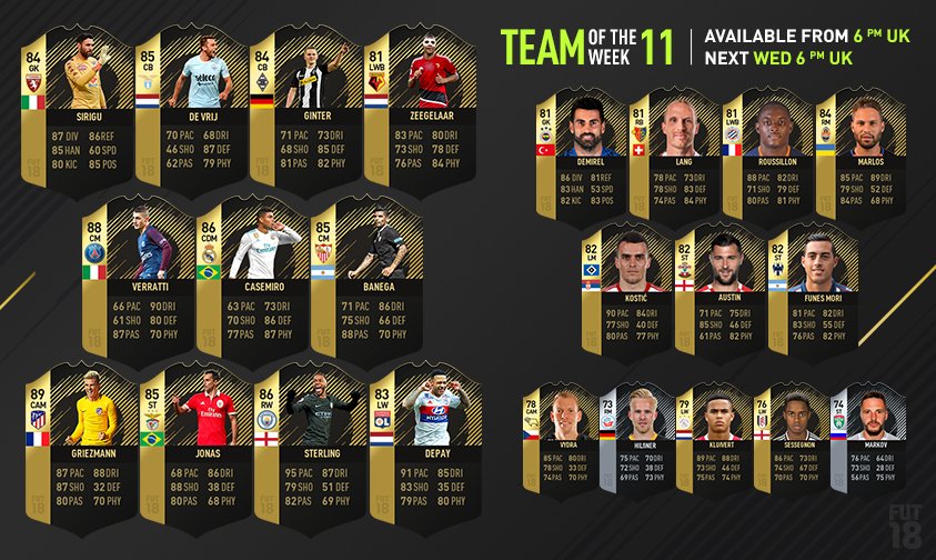 EASPORTSFC's tweet photo. #TOTW 11 features @AntoGriezmann as CAM 😍; 95 Pace @sterling7 🏃💨 and 90 Dribbling Verratti! 🔥🔥 #FUT #FIFA18 https://t.co/3C8c108Est