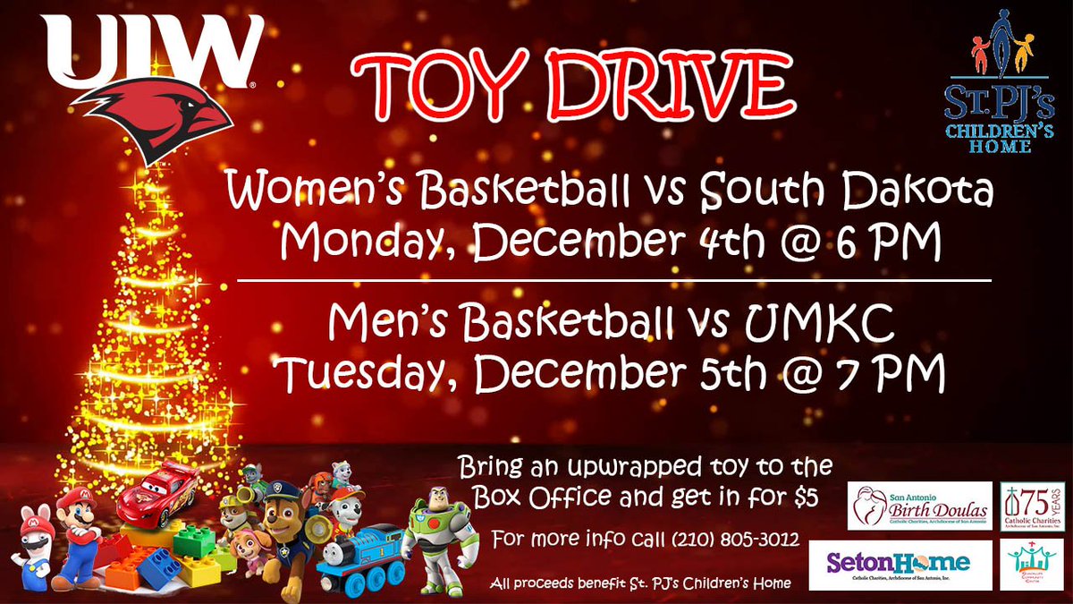 UIW Athletics will host a Toy Drive benefiting St. PJ's Children's Home! Join us for @UIWWomensHoops  on Mon., Dec 4 and @UIWMensHoops  on Tues. Dec 5. Bring an unwrapped toy and get in for $5. For information call 210-805-3012 #OneWordStrong #UIWPride
