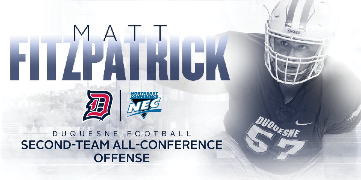 DuqFB's tweet photo. For the second season in a row, Matt Fitzpatrick is a Second Team All-NEC selection after helping the Dukes rank ninth in the country with just 4.3 tackles for loss allowed per game. 
#GoDukes https://t.co/Ej4Ku4ND7r