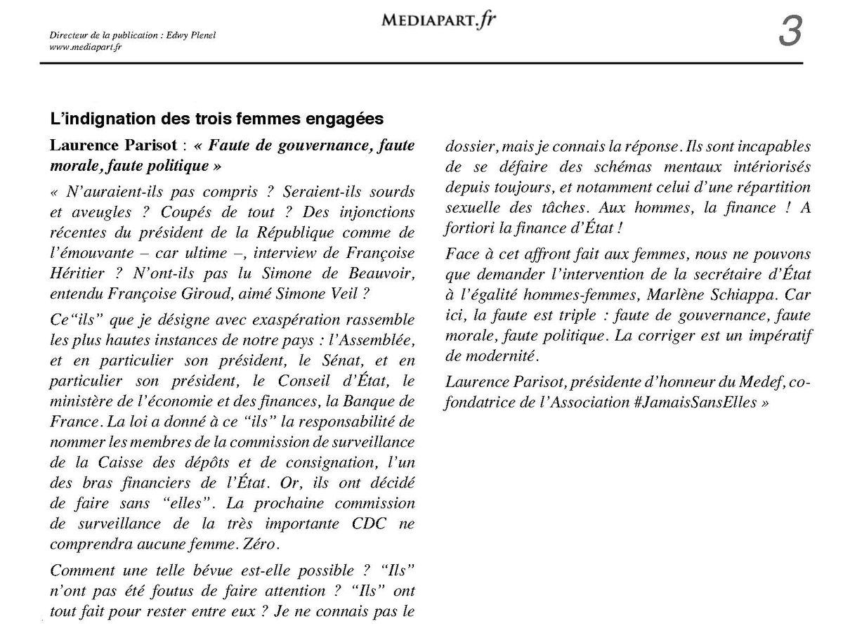 La commission de surveillance de la @CaissedesDepots vient d’être quasi intégralement renouvelée : 13 postes occupés par… 13  hommes. Et pas une seule femme ! <a href="/LaurenceParisot/">Laurence Parisot</a>, co-fondatrice de #JamaisSansElles, interpelle <a href="/MarleneSchiappa/">🇫🇷 MarleneSchiappa</a>. mediapart.fr/journal/france… in @mediapart