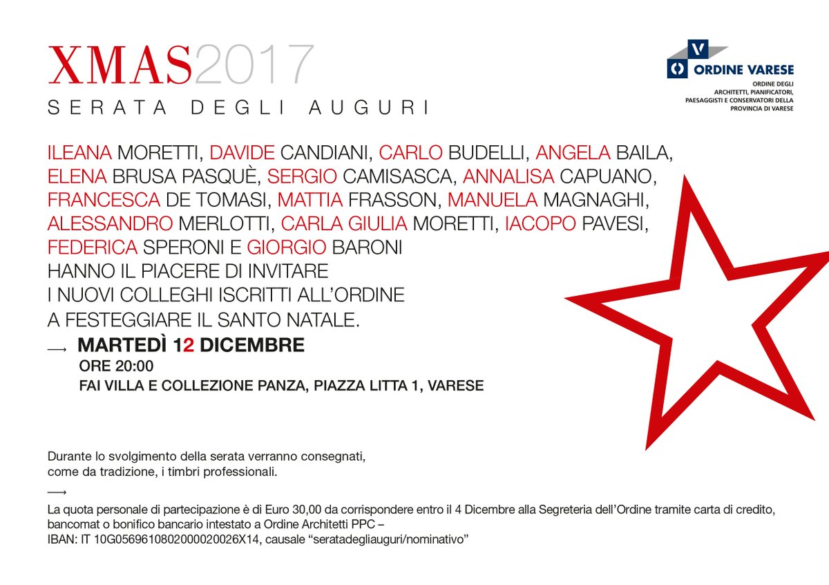 OrdineArchVa's tweet photo. XMAS 2017 #seratadegliauguri 12 Dicembre @VillaPanza Durante la serata verrà consegnato il timbro professionale ai nuovi iscritti che pertanto devono segnalare la loro adesione entro il 30 Novembre https://t.co/s9eJM0qTp6