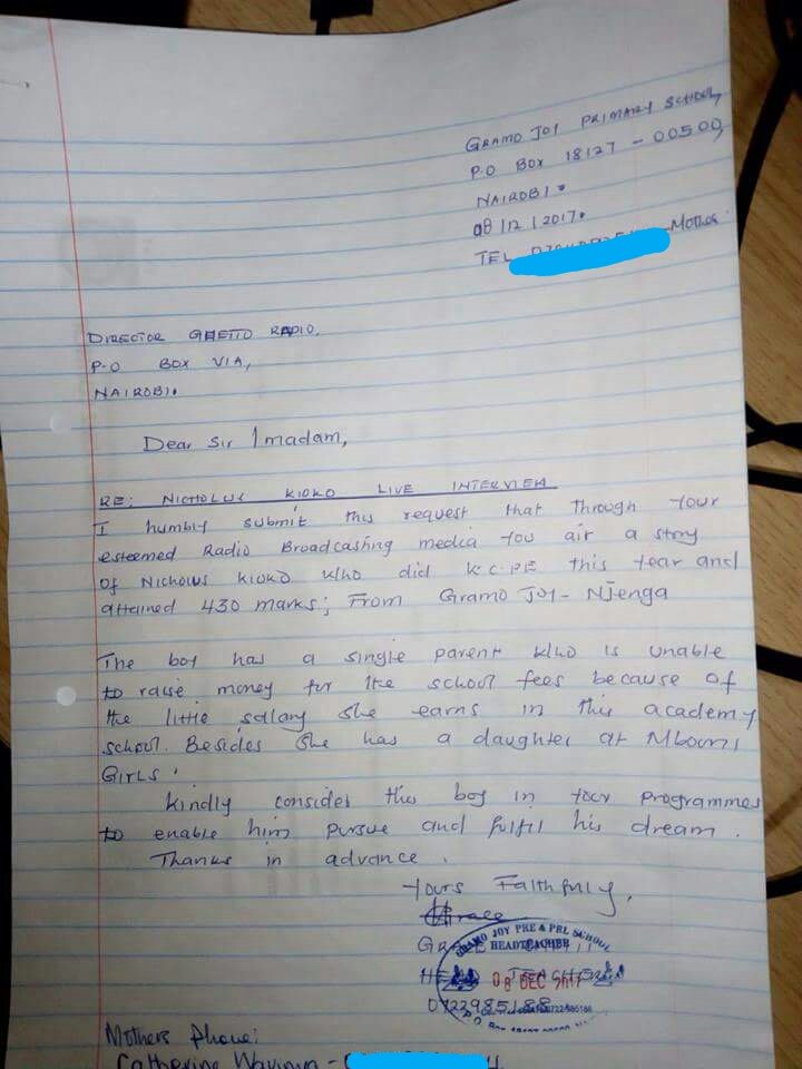 #TrueGhettoStory letter I received yesterday via fb about #NicholasKioko that reads... 
School - Gramo Joy primary - Mukuru kwa Njenga 
430 marks in #KCPE2017