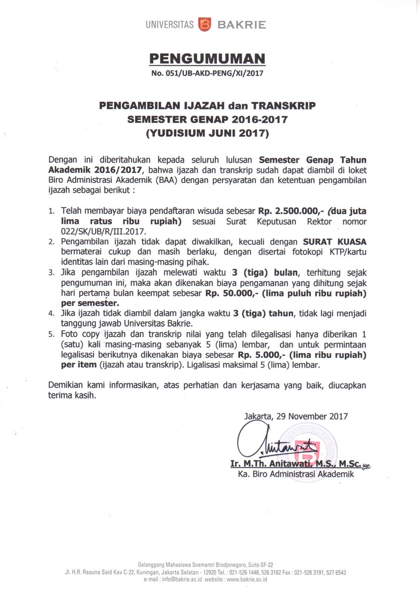 [PENGUMUMAN] Pengambilan IZAJAH &amp; TRANSKRIP Yudisium Juni 2017 <a href="/UBcampus/">Universitas Bakrie</a> <a href="/JakunUB/">JarKom Untuk UB</a> <a href="/UBcareer/">U-Bakrie Career Center</a> <a href="/BEM_UB/">BEM UNIVERSITAS BAKRIE</a> <a href="/SenatUB/">Senat Mahasiswa UB</a> <a href="/HMM_UB/">HM Manajemen UB</a> <a href="/HMA_UB/">HMA Univ. Bakrie</a> @HMILKOM_UB @HMILPOL_UB @HMTI_UB <a href="/HMTIF_UB/">HMTIF_Univ.Bakrie</a> <a href="/HMSI_UB/">HMSI Univ. Bakrie</a> <a href="/HMTL_UB/">HMTL Univ. Bakrie</a> <a href="/HMTS_UB/">HMTS BAKRIE UNIV.</a> <a href="/HMITP_UB/">HMITP Univ. Bakrie</a>