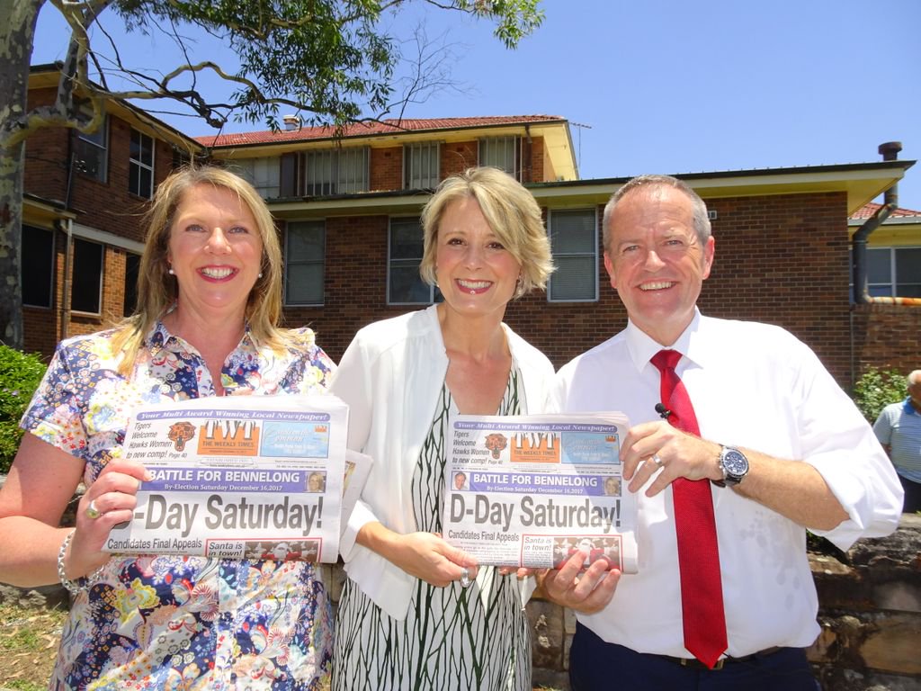 WeeklyTimesAU's tweet photo. IRREFUTABLE EVIDENCE: @AustralianLabor's star by-election candidate @KKeneally, leader @billshortenmp & health spokeswoman @CatherineKingMP can't resist their weekly dose of TWT, the only newspaper covering every square inch of #Bennelong #auspol #BennelongVotes @WeeklyTimesAU https://t.co/Fil0STPSbi