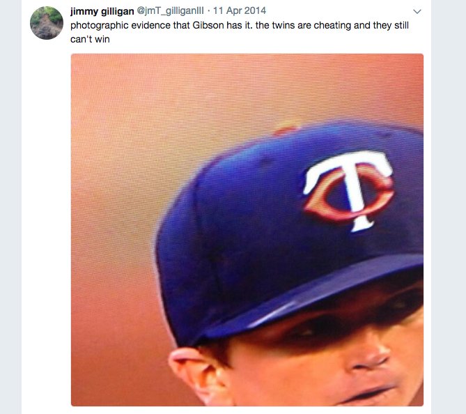 jmT_gilliganIII's tweet photo. @WhatsupImJake Twins starters cheat, so he'll fit in real well. Yeah, I scrolled through three years of tweets to find this. #BigWoop #Wantafightaboutit https://t.co/6GflqS2DB9