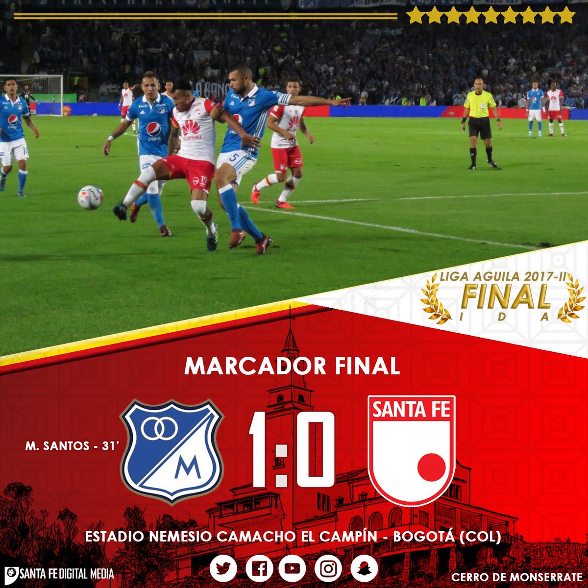 SantaFe's tweet photo. Finaliza la final de ida, quedan 90 minutos en los que dejaremos el alma por una nueva estrella con nuestra gente 🦁¡#VamosSantaFe!🇲🇨
#FinalMFCvsSFE |1:0| ⏱90+3' https://t.co/QUbTWzXqMD