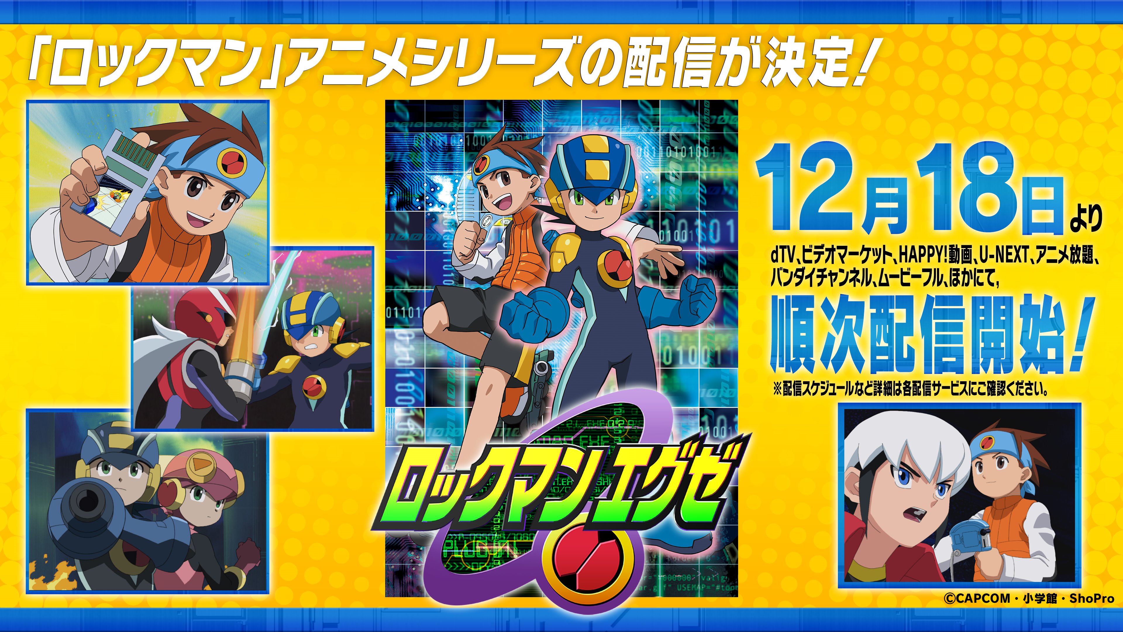 ロックマンシリーズ公式 12月18日より順次アニメ ロックマン エグゼ シリーズの配信が決定 ｄtv ビデオマーケット Happy 動画 U Next アニメ放題 バンダイチャンネル ムービーフル他にて順次配信開始 すげえぜ３０周年 配信スケジュール等は各