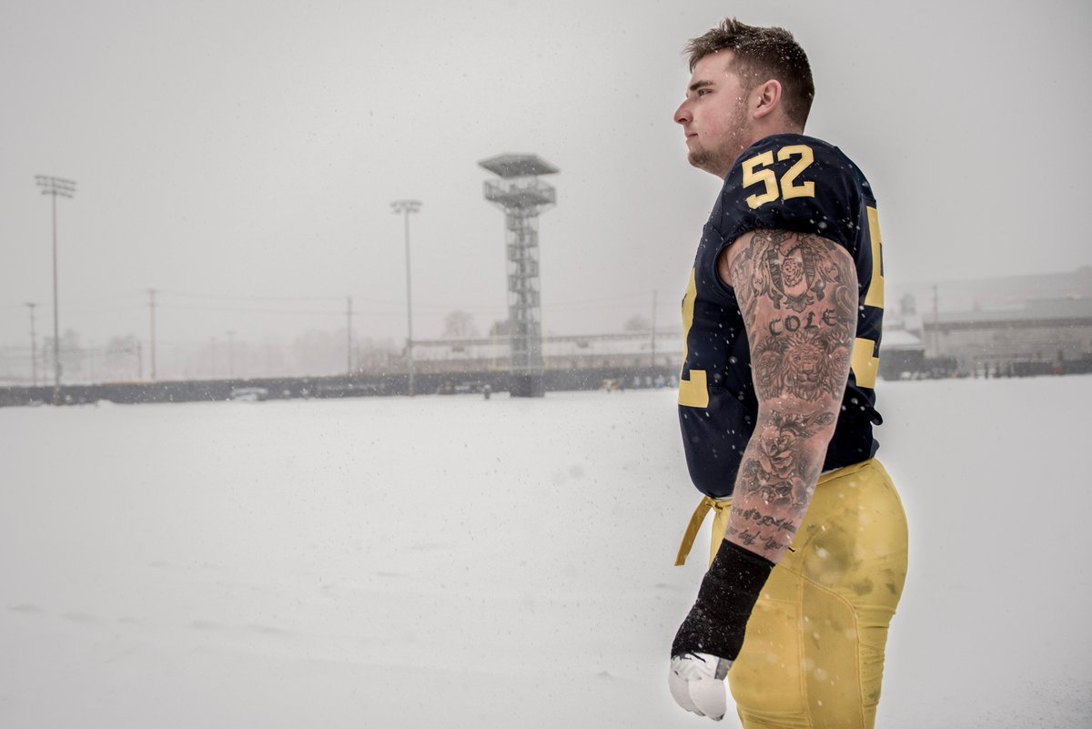 Mason Cole started in 50 games at the University of Michigan. Today he watched snow fall before he plays in a bowl game on New Years Day, and will be a top pick to play in the NFL. Mason was an amazing photographer in the Documentary Photography Course I teach at the U of M.