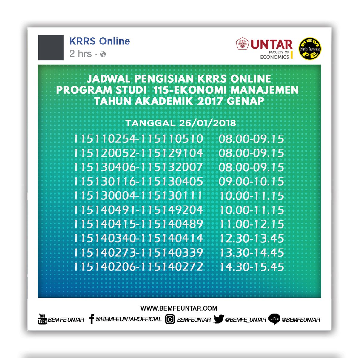 -INFO AKADEMIK-

Jadwal Pengisian KRRS Online Progran Studi S1 Manajemen Tahun Akademik 2017 Genap.

#INFOAKADEMIK #BEMFEUNTAR #FEUNTAR #UNTAR
