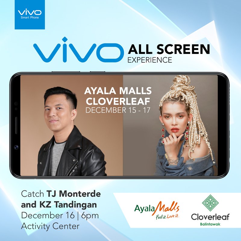 ilovecloverleaf's tweet photo. Check out the #VivoAllScreenExperience mall tour at the Ayala Malls Cloverleaf Activity Center this December 15-17 and catch TJ Monterde and KZ Tandingan on December 16 at 6pm during this festive event! 🎆 See you there! https://t.co/j1piRbqqjR