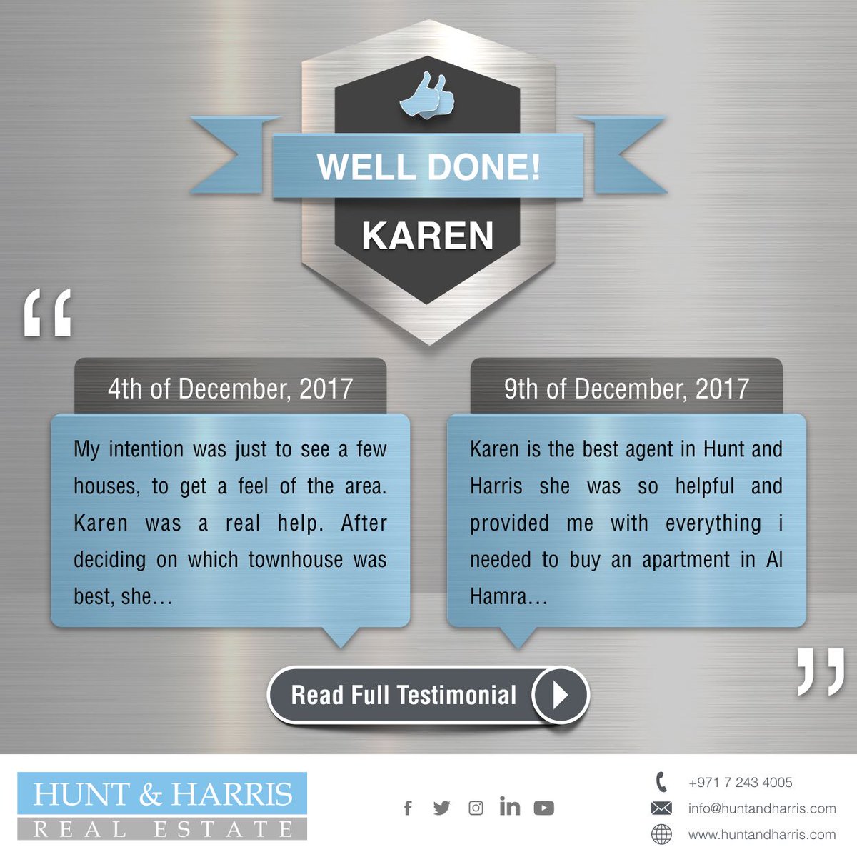 Well done karen on reciveing 2 testimonials in one week.
Contact Hunt &amp; Harris for the best Real Estate services in Ras Al Khaimah.
huntandharrisuae #testimonials #uae #realestate #property #broker #agent #agentrak #buy #realtor #brokerrak #invest #rak #investment