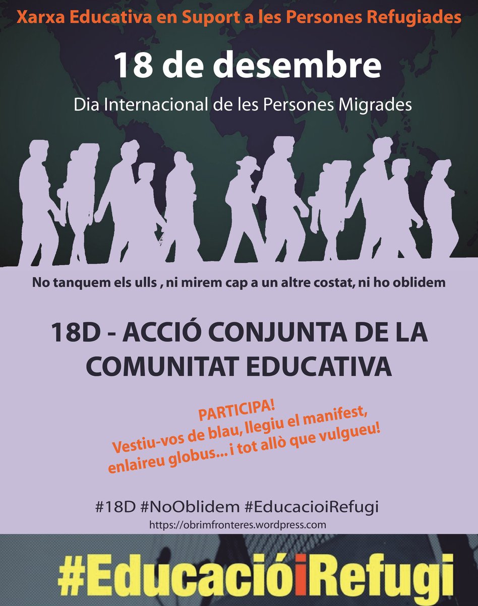 JoanaLlinas's tweet photo. El #18D Dia internacional de les Persones Migrades la comunitat educativa denunciarem les polítiques de la UE i els seus governs #EducacioiRefugi #NoOblidem @ObrimFronteres_ 
https://t.co/V3Rd0Wfwat https://t.co/9VHu4Sohaj
