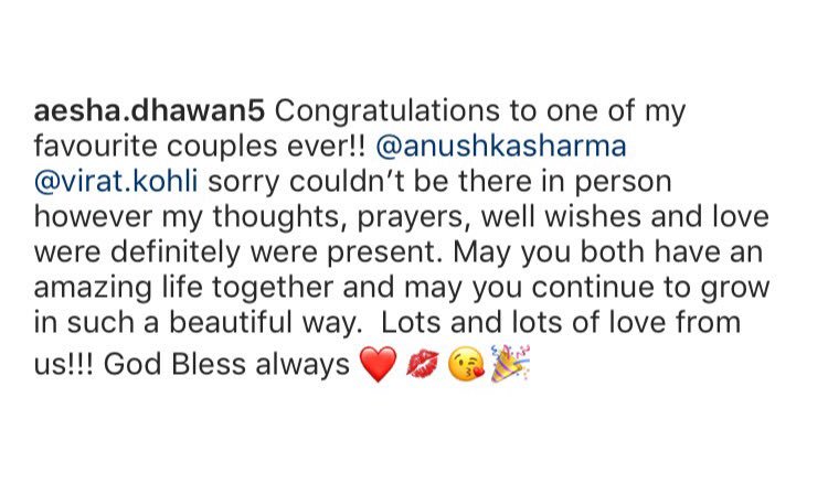  #AeshaDhawan sending love to her fav couple  @AnushkaSharma &  @imVkohli on insta   #VirushkaWEDDING  https://instagram.com/p/BcldCo5BwPQ/ 