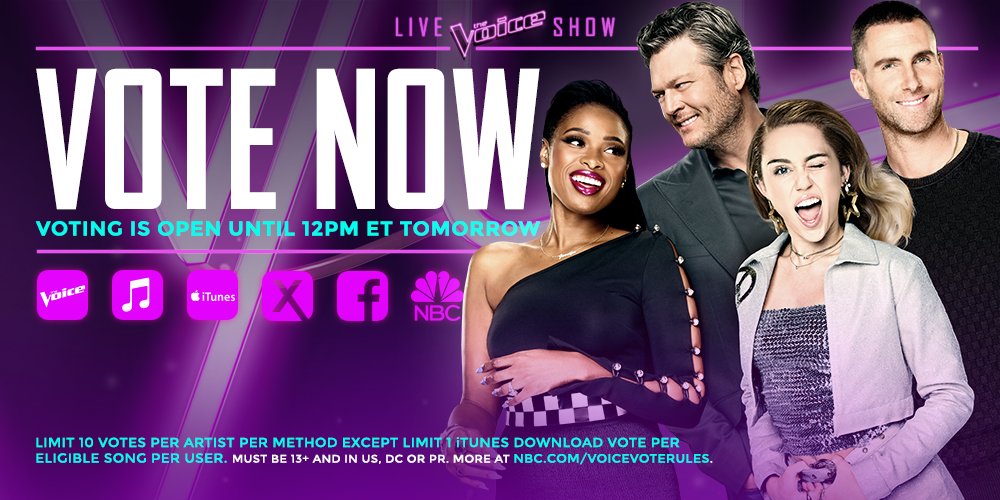 NBCTheVoice's tweet photo. TOMORROW only FOUR make it through to the finals. Be sure to vote! #VoiceTop8
✅ #TheVoiceOfficialApp
✅ https://t.co/aXmvWoxK3l
✅ https://t.co/EesjVHrDcT
✅ https://t.co/Hkpxh90fPK
✅ https://t.co/CdAfL5WQp8 https://t.co/KFFrAZ4Sec