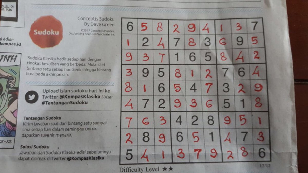 NiaTrianti's tweet photo. Ihiiyy latihan otak hari ini ⭐️⭐️ @KompasKlasika #TantanganSudoku https://t.co/V6RMN22y7y