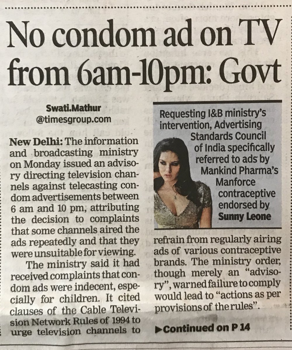 PandaJay's tweet image. These two front page stories in today&apos;s @timesofindia tell a story! Rest assured the prudery of the 1st will lead to more of the 2nd...
While some kinds of ads are indeed inappropriate for daytime viewing, birth control &amp;amp; family planning ads shd&apos;nt be counted in those🙏🏼🙏🏼🙏🏼
