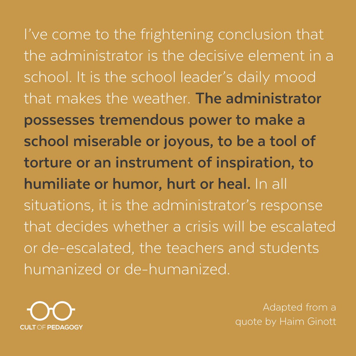 cultofpedagogy's tweet photo. More and more, I'm finding that this is true. School leaders have everything to do with the culture of a school, the well-being of the teachers, and ultimately, the success of the students. Your job is so important: Seek feedback. Find mentors. Keep learning. Listen.
#satchat https://t.co/b0NLdHBLUE