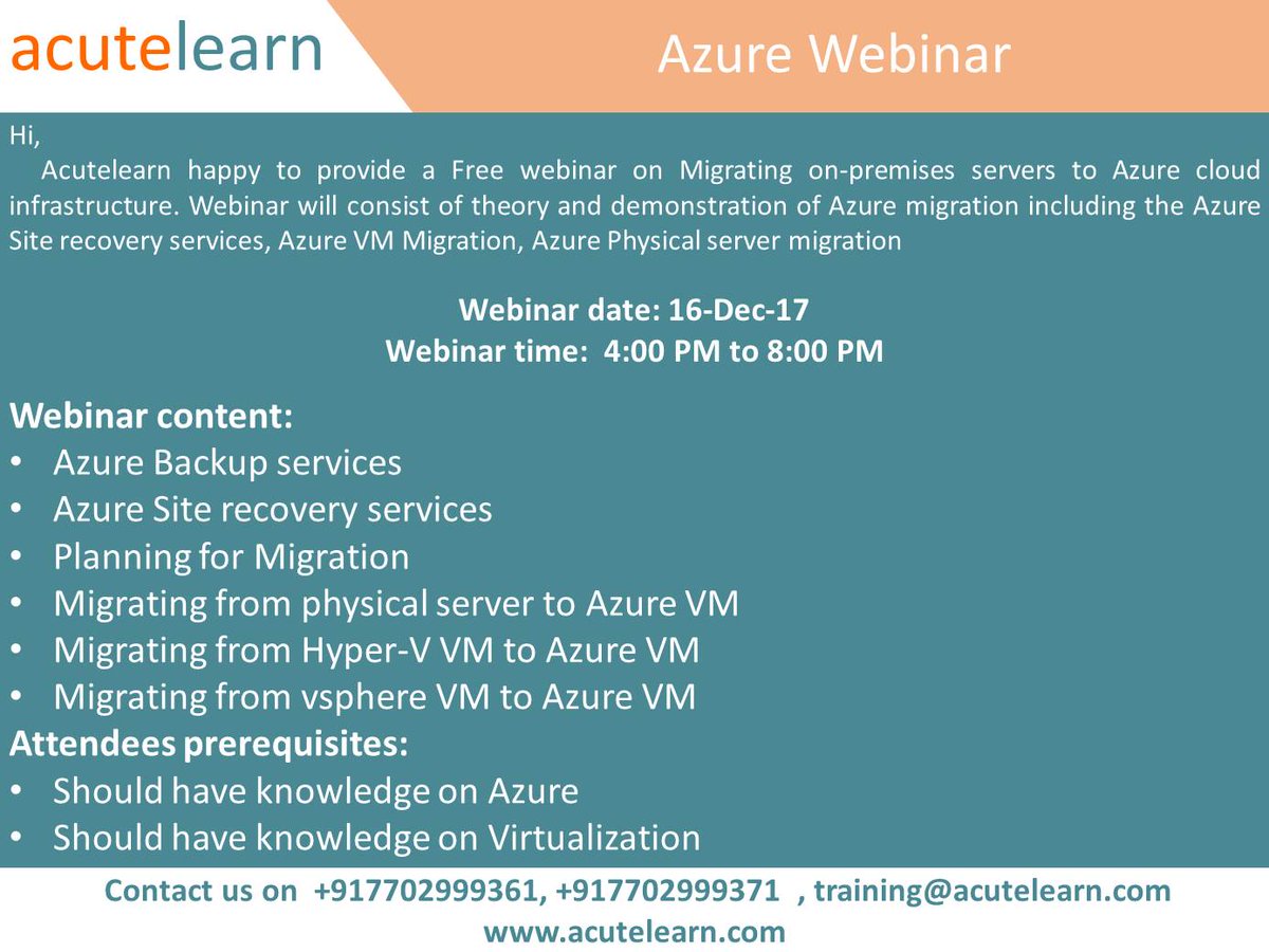 acutelearntech's tweet image. We have Webinar on Migrating on-premises servers to Azure cloud infrastructure - Live demonstration
Registration link: goo.gl/forms/euWFHeSZ…