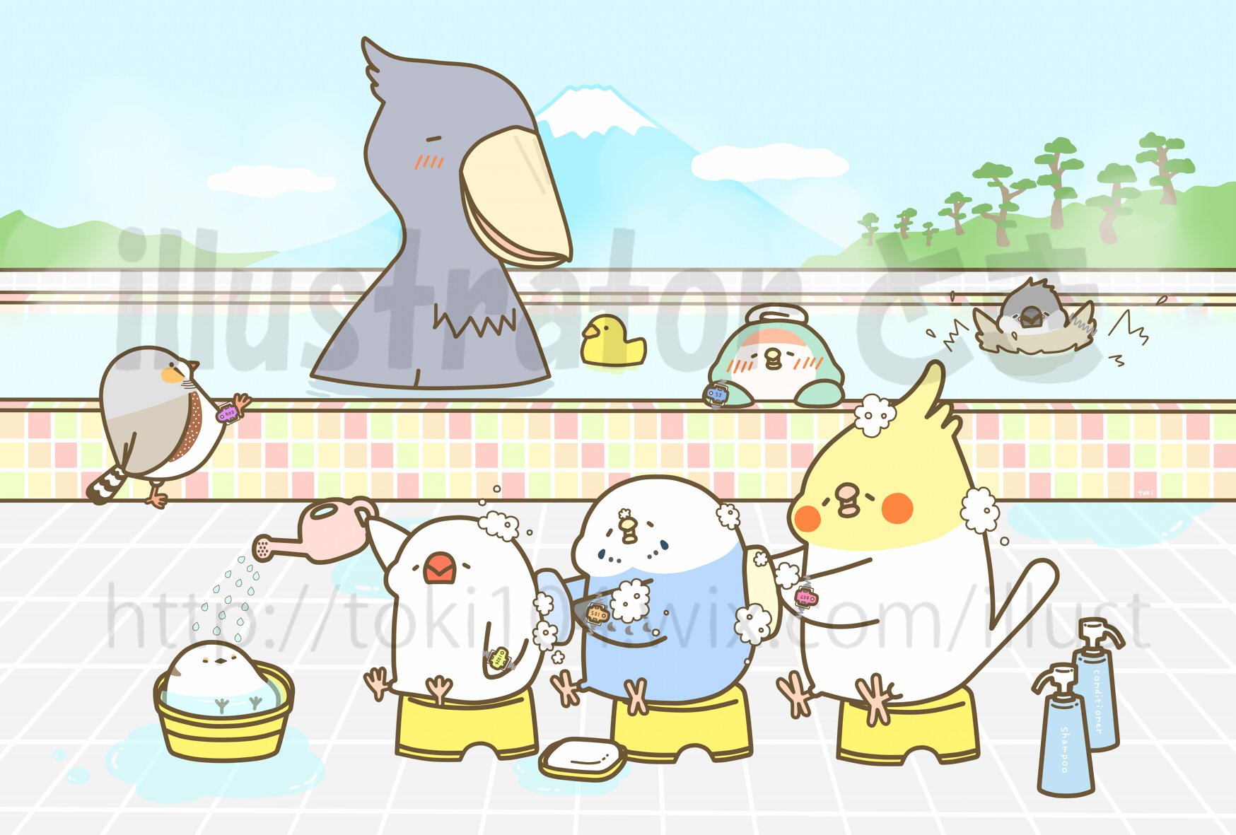 とき 8 21artevarie大阪 銭湯 鳥の湯 こちらのポストカードを ゆく酉 くる戌 から販売します イラスト 絵 創作 文鳥 オリジナルキャラクター インコ 銭湯 オカメインコ セキセイインコ ハシビロコウ コザクラインコ シマエナガ