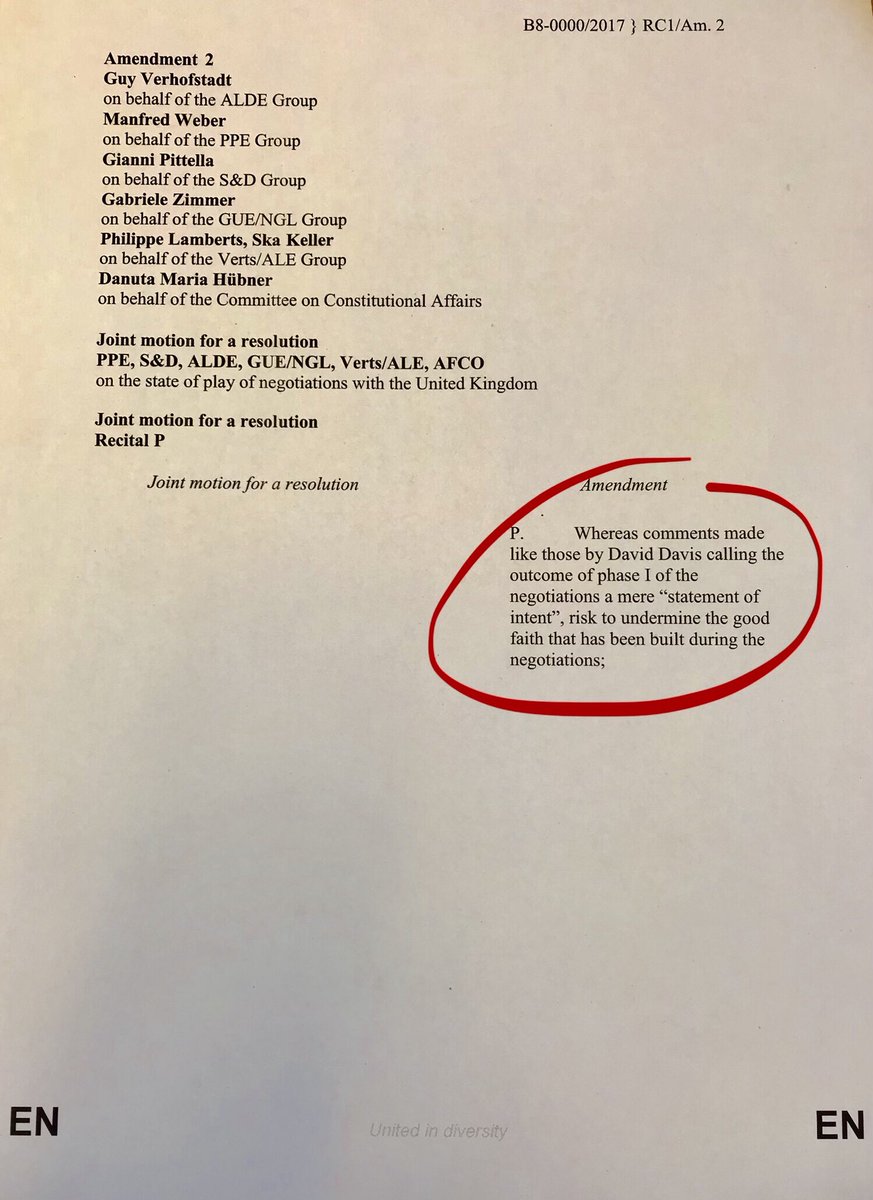 guyverhofstadt's tweet photo. After @DavidDavisMP’s unacceptable remarks, it’s time the UK government restores trust. These amendements will further toughen up our resolution. https://t.co/zKfVlJtOi5