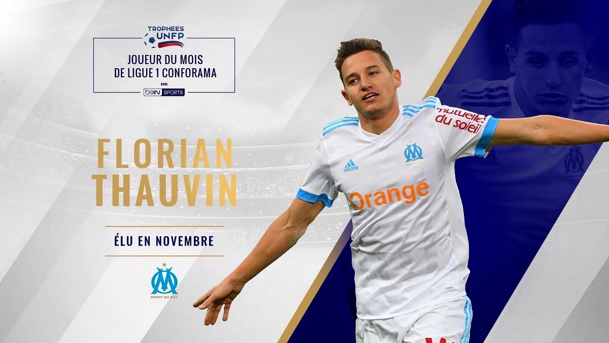 FlorianThauvin's tweet photo. Très heureux d’être élu joueur du mois de Novembre en @Ligue1Conforama. Merci à tous pour vos messages et votre soutien. Un grand merci aussi à mes coéquipiers. #AllezLOM ⚪️🔵 https://t.co/T7ihBJhMkQ