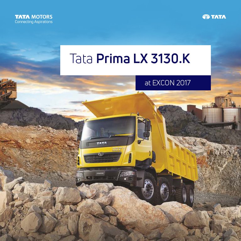 TataMotors's tweet photo. #TMLBuildToLead Tata Prima LX 3130.K- a world-class mining tipper, comes with the assurance of increasing the profitability of your business! Visit our stall - OD12 at the #Excon2017 till the 16th December at the BIEC to witness this promising Construck vehicle. https://t.co/gT0GOUoq1T