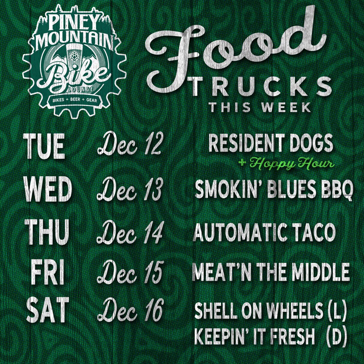 Food Truck schedule for the week. As always, subject to change at a moments notice. Help us welcome Two new vendors this week, Meat'n In The Middle Food Truck Friday,and Shell On Wheels pop-up (boiled peanuts) for lunch on Saturday #yeahthatgreenville #yeahthatbikelounge