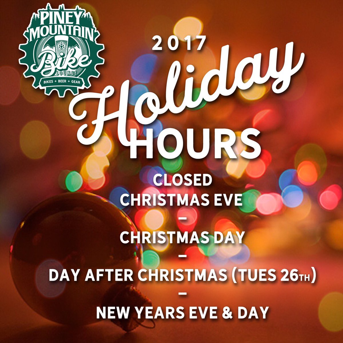 Holiday Hours:
We will be Closed on Christmas Eve, Christmas Day, Day After Christmas (because we want to play with our new toys too!). Closed on New Years Eve and New Years Day! #yeahthatbikelounge