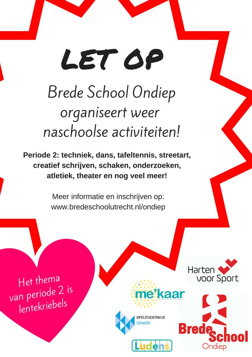 De inschrijvingen voor periode 2 zijn geopend! Meer info en aanmelden via bredeschoolutrecht.nl/ondiep/activit… #talentontwikkeling #vreedzamewijk #Ondiep #sport #cultuur #techniek #burgerschap