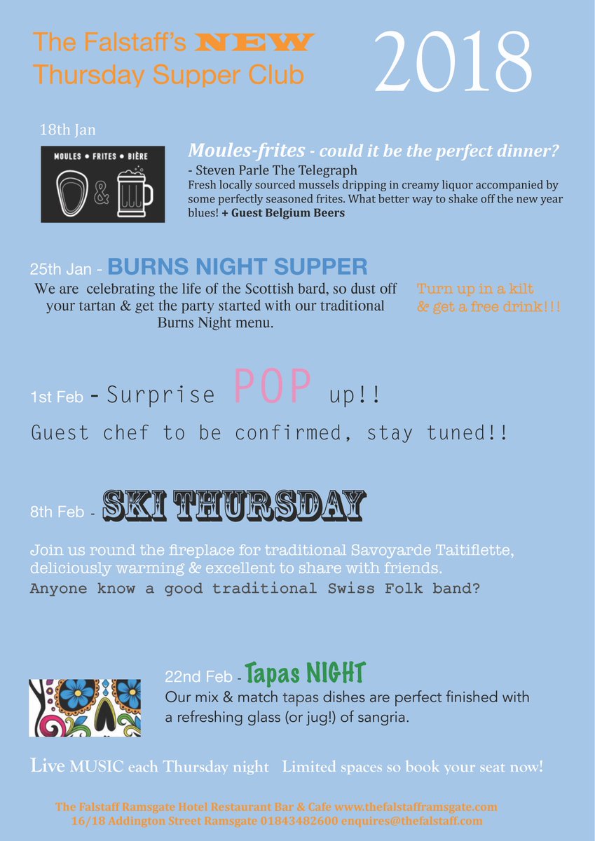 NEW for 2018... <a href="/the_falstaff/">The Falstaff</a> Our new supper club...from the 18th Jan different foods from around the world...LIVE MUSIC...BOOK YOUR SEAT <a href="/VisitRamsgateUK/">VisitRamsgateUK</a> <a href="/VisitKent/">Visit Kent</a> @VisitThanet <a href="/GoingoninKent/">Going on in Kent</a> <a href="/KeepitinKent/">Keep it in Kent</a> <a href="/TomThumbTheatre/">Tom Thumb Theatre</a> <a href="/ramsgatefest/">Ramsgate Festival of Sound</a> <a href="/explorethanet/">explore thanet</a>