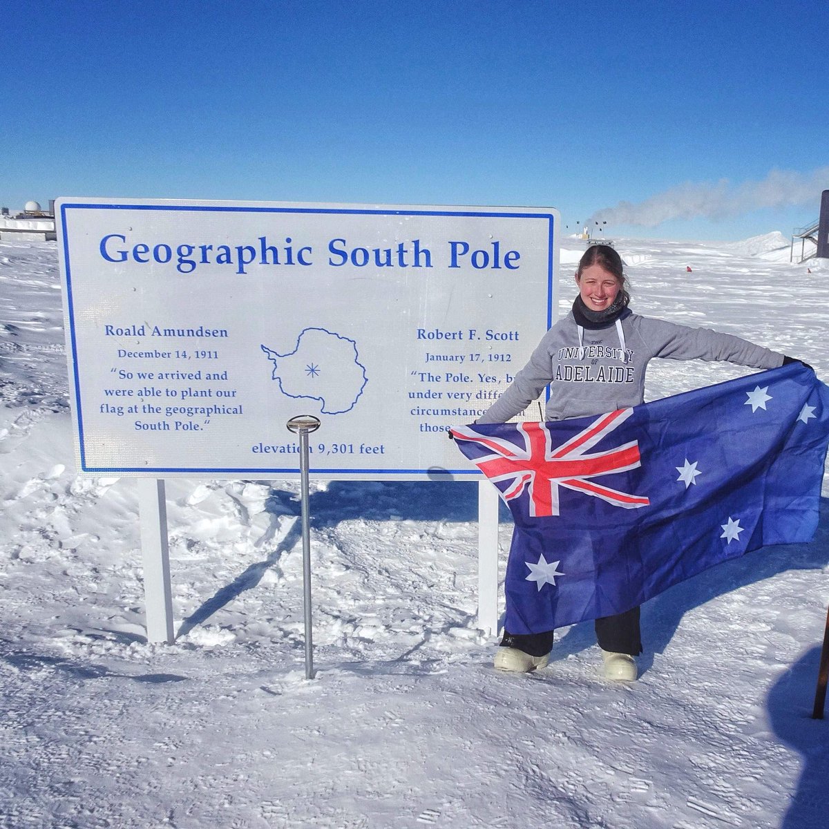 Great to see <a href="/UniofAdelaide/">Uni of Adelaide</a> students travelling world in the name of research. Our amazing Physics PhD student Sally Robertson has been in Antarctica working at the IceCube Neutrino Observatory. Nice hoodie! See blog: sallyatthesouthpole.wordpress.com