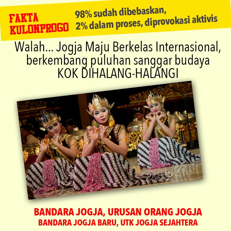 katalucu's tweet photo. @melaniesubono @IKSANSKUTER @JRX_SID @FajarMerah_ Hati-hati, ini manipulatif, karena 98% lahan sudah dibebaskan, 2 % lagi di proses, aktivis opportunis memprovokasi. Tidak usah ikut2 kegiatan seperti ini. Ada ribuan masyarakat jogja yang dapat manfaat, penting mana? https://t.co/yraE2lBF5N